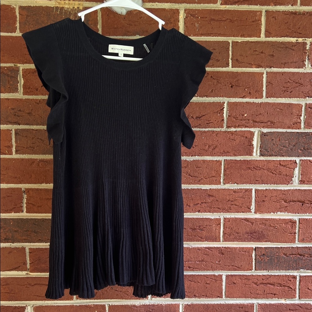Anthropologie Black Ribbed Flutter Sleeve Top